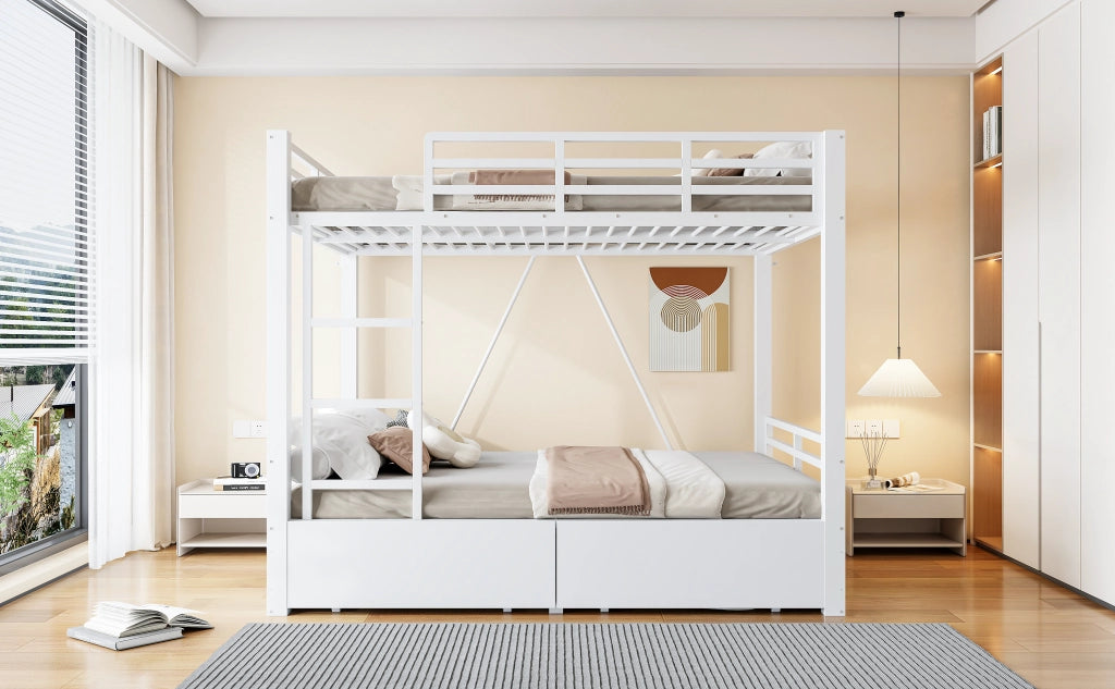 Letto a castello 140 × 200 cm con 2 cassetti, scala e sponde di sicurezza, senza materasso, bianco