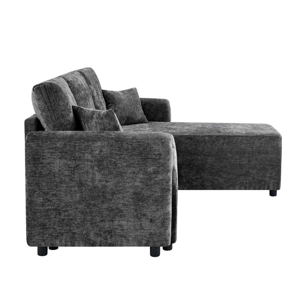Divano angolare 3 posti nero in ciniglia con chaise longue, 2 cuscini