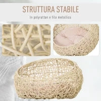 Cuccia per Gatti e Animali Domestici, Cesta in Rattan Beige con Cuscino in Cotone (Ф56 x 35 A cm)