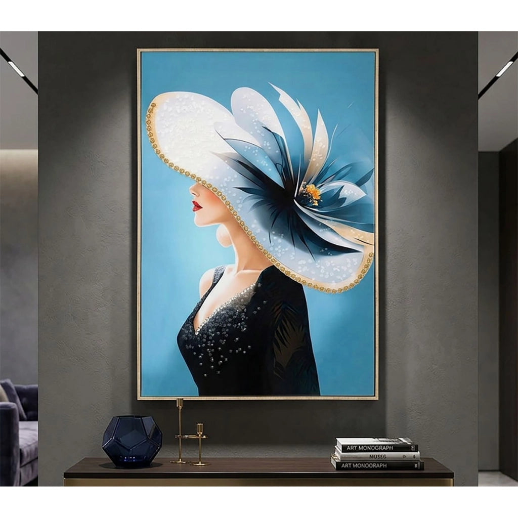 Dipinto su tela Dori B dama con cappello fiorito, 62x92 cm