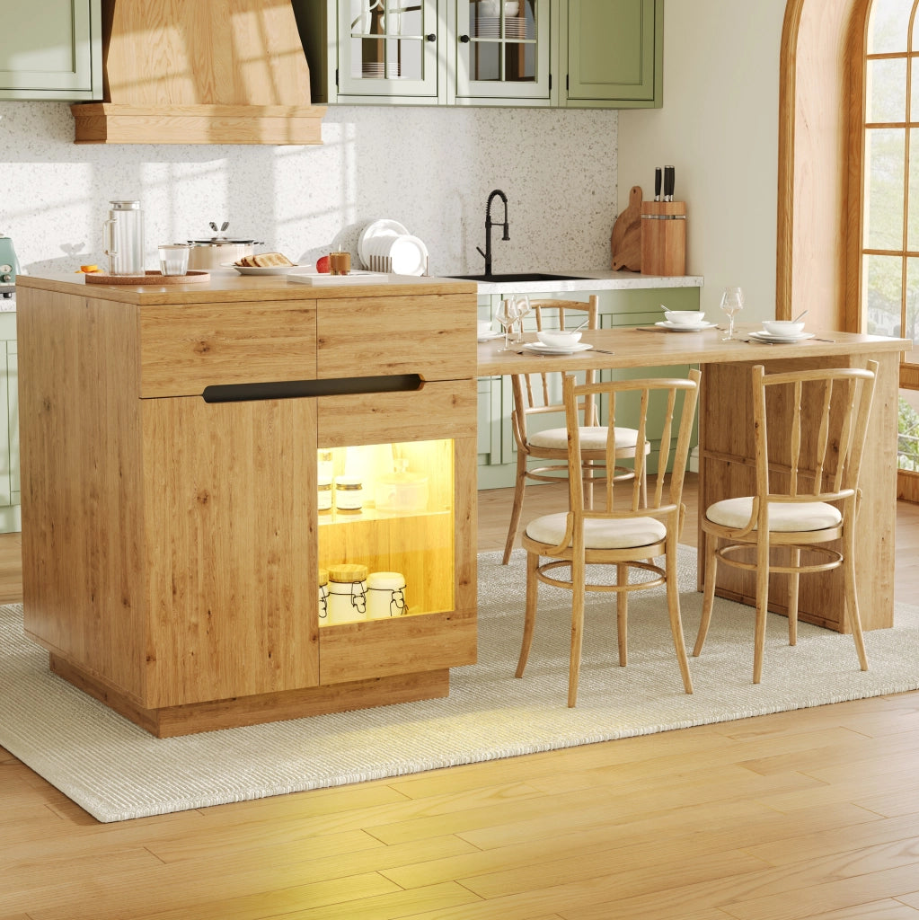 Isola cucina con tavolo estraibile, illuminazione LED controllabile via app, finitura rovere, con cassetti e spazio contenitivo