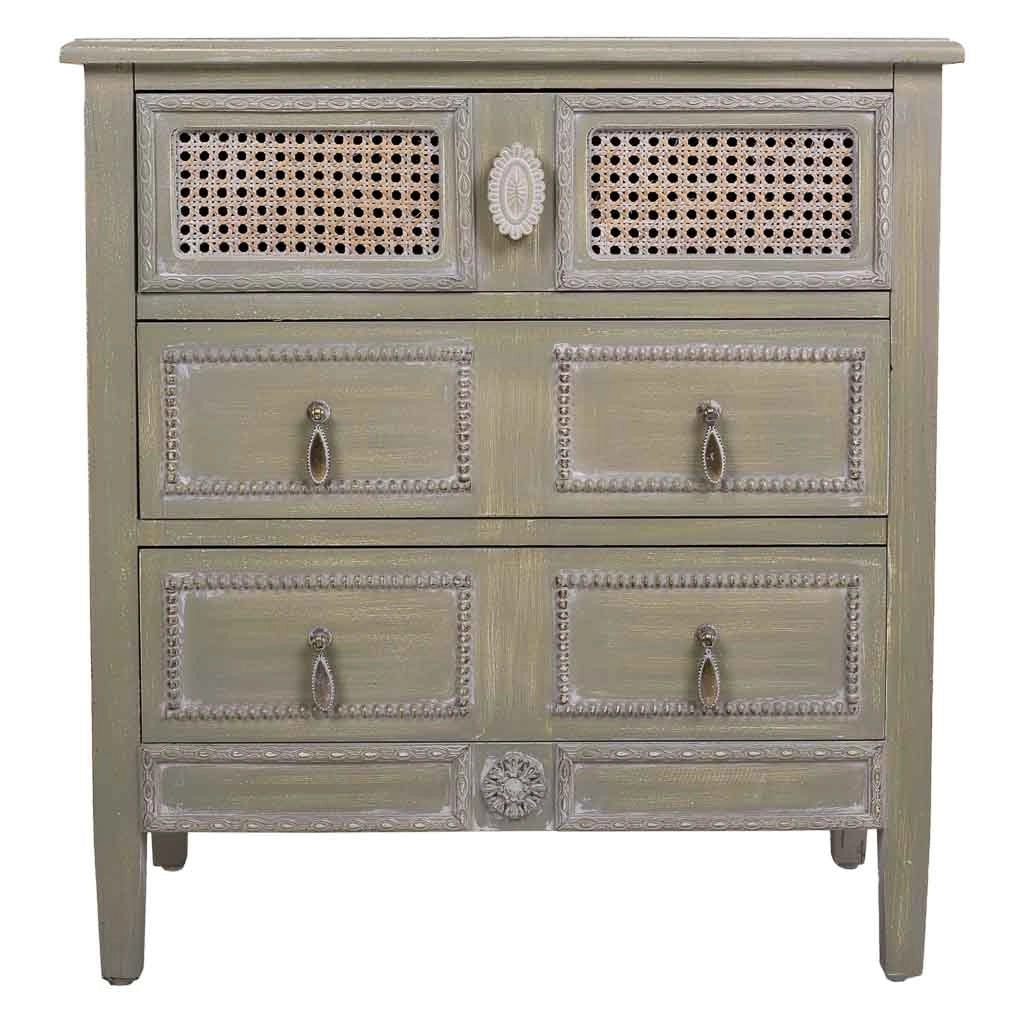 Comodino in legno con 3 cassetti, dimensioni 65x36x70 cm.