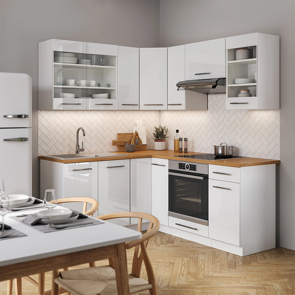 Cucina angolare completa Fame-Line Bianco lucido/Bianco 190 x 60 cm, PL Rovere Vicco