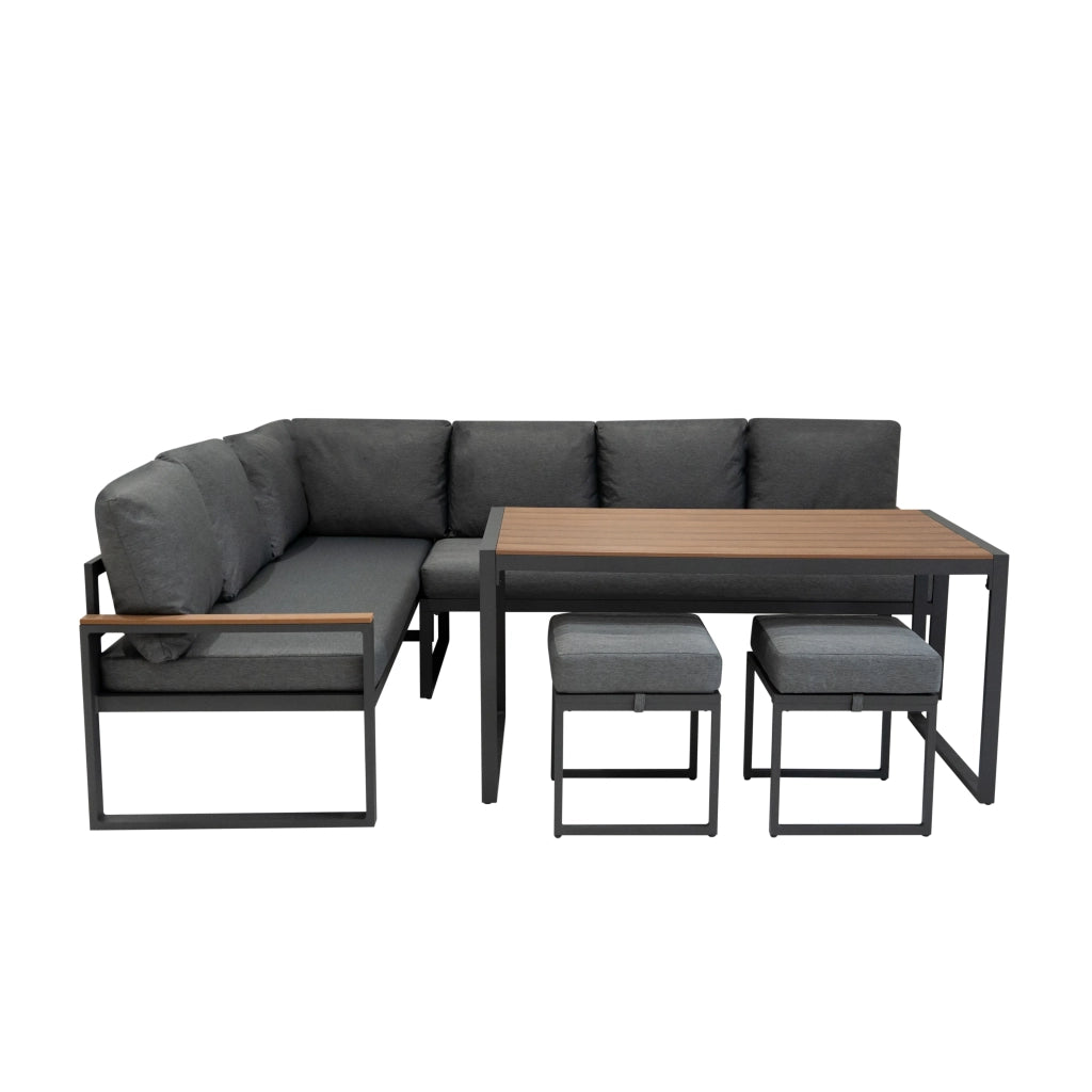 Set Mobili da Esterno in Alluminio Divano Angolare Tavolino Sgabelli Effetto Legno