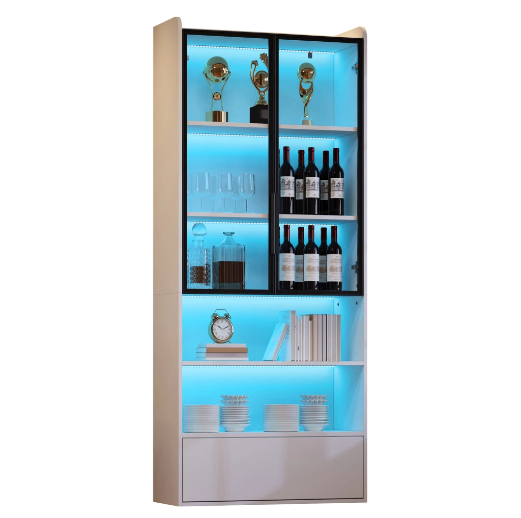 Vetrina alta 80x34x180 cm con 1 cassetto; ante in vetro e LED; bianco