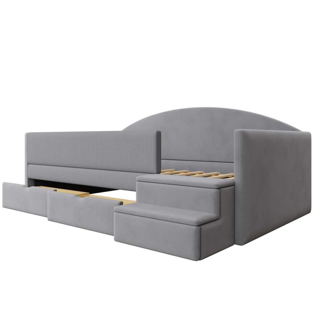 Letto per bambini imbottito 90x190 cm con 2 cassetti; gradini e sponde; grigio acqua