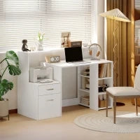 Scrivania con 2 cassetti, scaffali aperti e mensola per stampante, 137x55x92 cm, Bianco