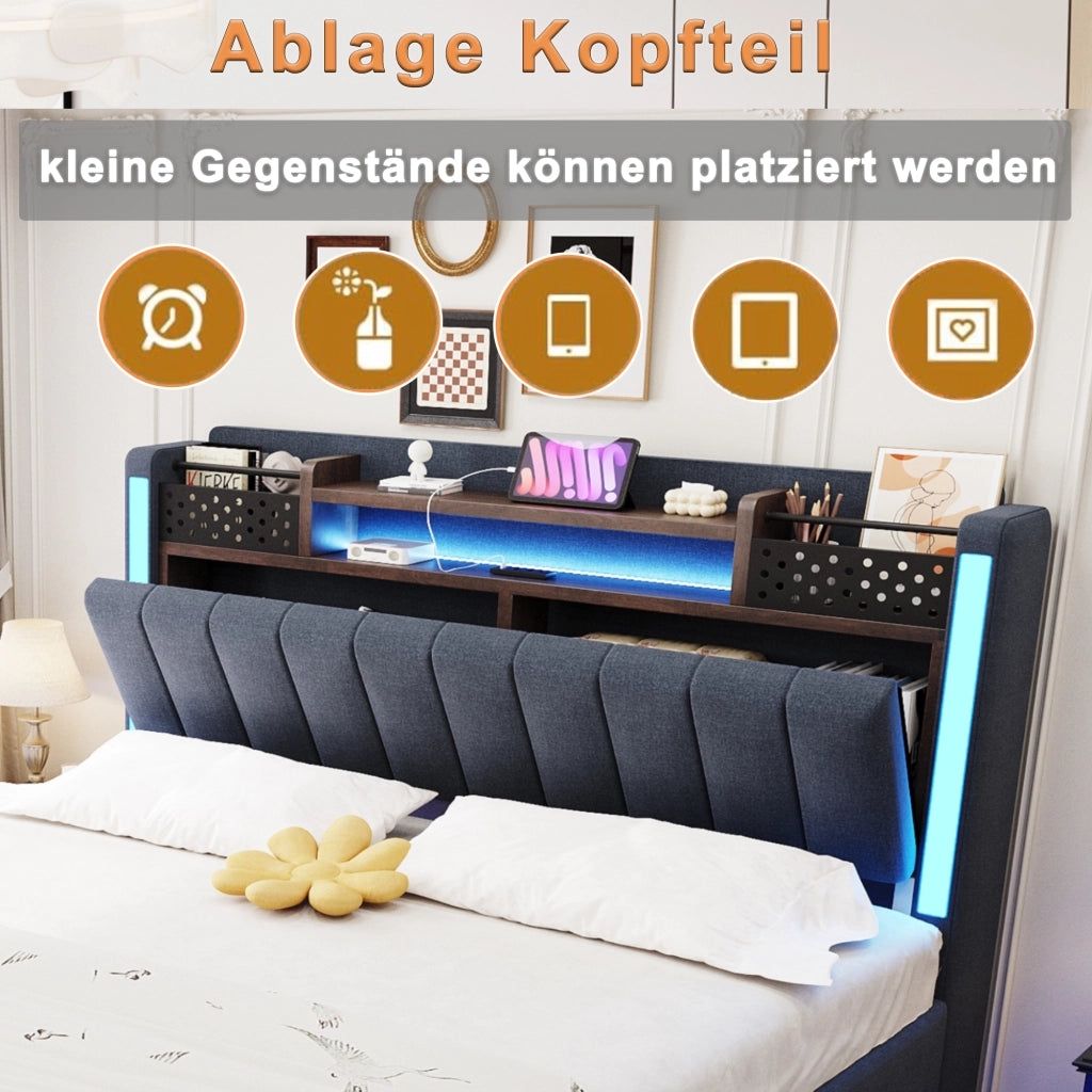DESMIU Letto Matrimoniale 2 Posti con USB, LED, Vani e Ripiani 140 × 200 cm, Senza Materasso, Grigio