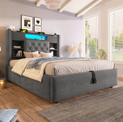 Letto singolo 90x200 cm con contenitore idraulico; LED e porte USB; in lino grigio
