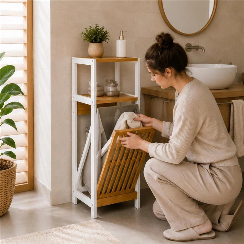 MOBILE DA BAGNO IN LEGNO CON ANTA E RIPIANO IN BAMBOO E PORTABIANCHERIA IN TESSUTO - COLORE BIANCO DIMENSIONI 36X33X98 CM