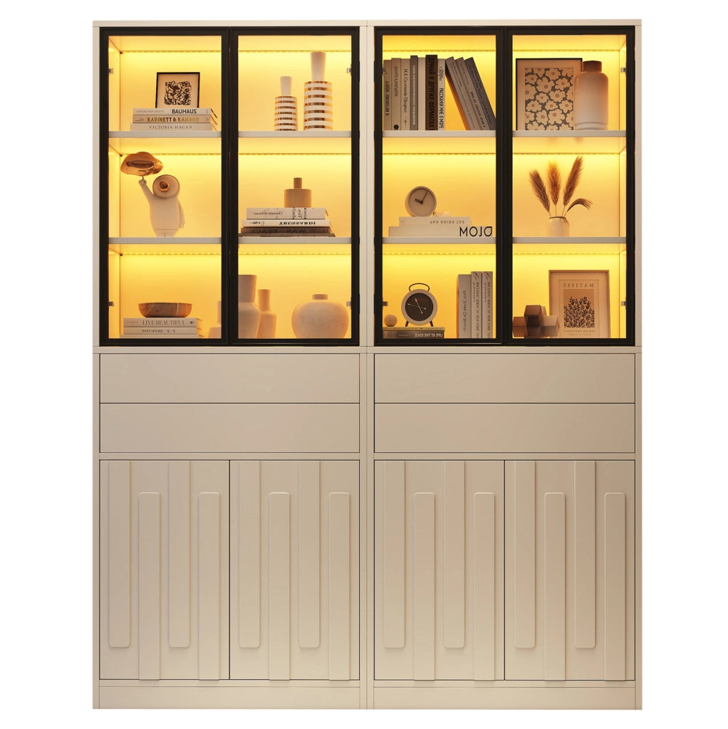 Vetrina a 4 ante con LED Bluetooth; 140x34x180 cm; truciolare e vetro temperato; bianco