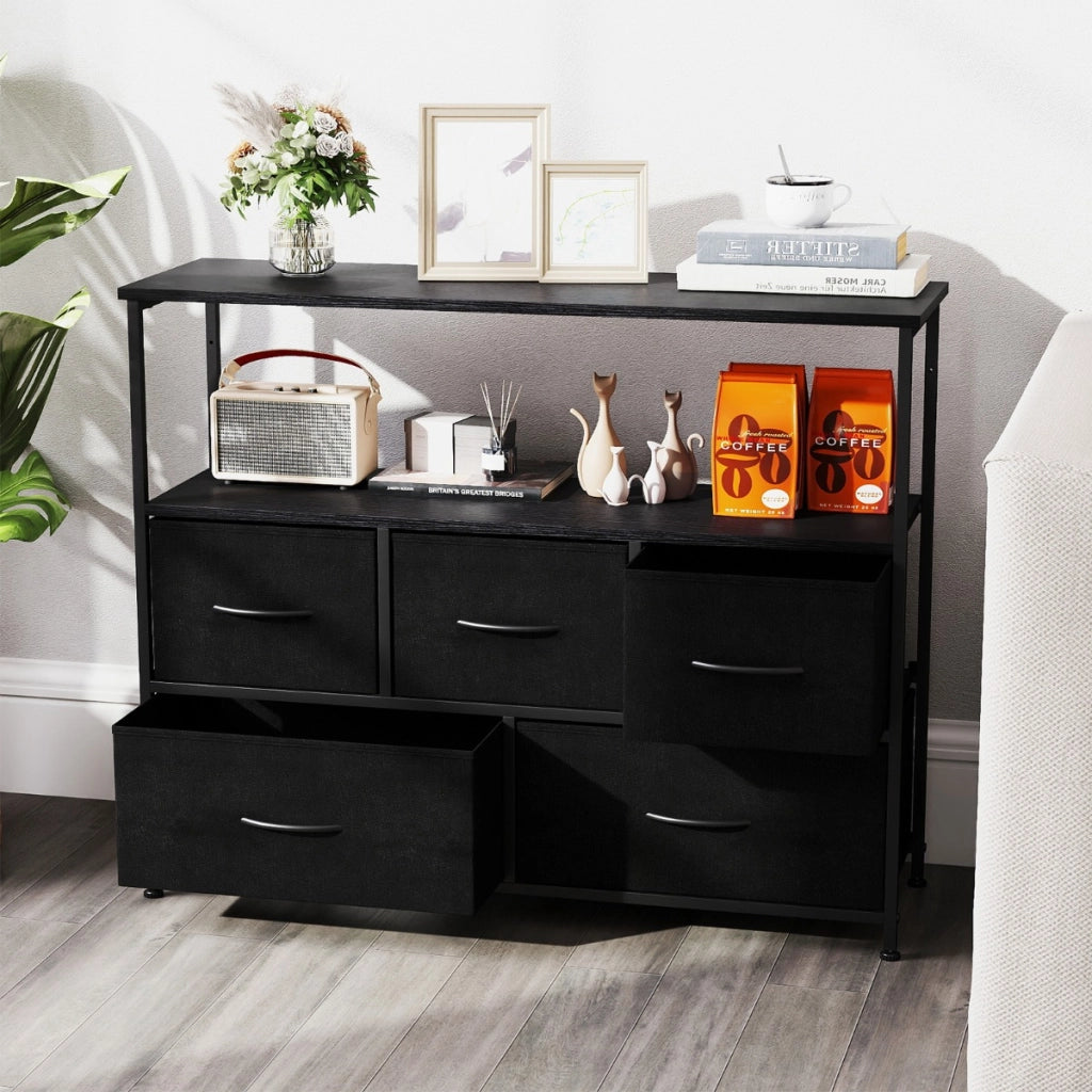 Com¨° per camera da letto con 5 cassetti cassettone in legno, Com¨° unit¨¤ organizzatore per conservazione Nero