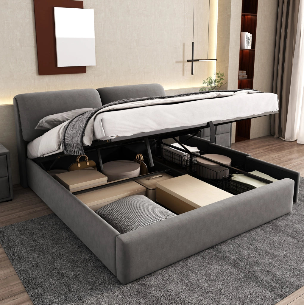 Letto con contenitore 160x200 cm; 3 cassetti; in velluto grigio
