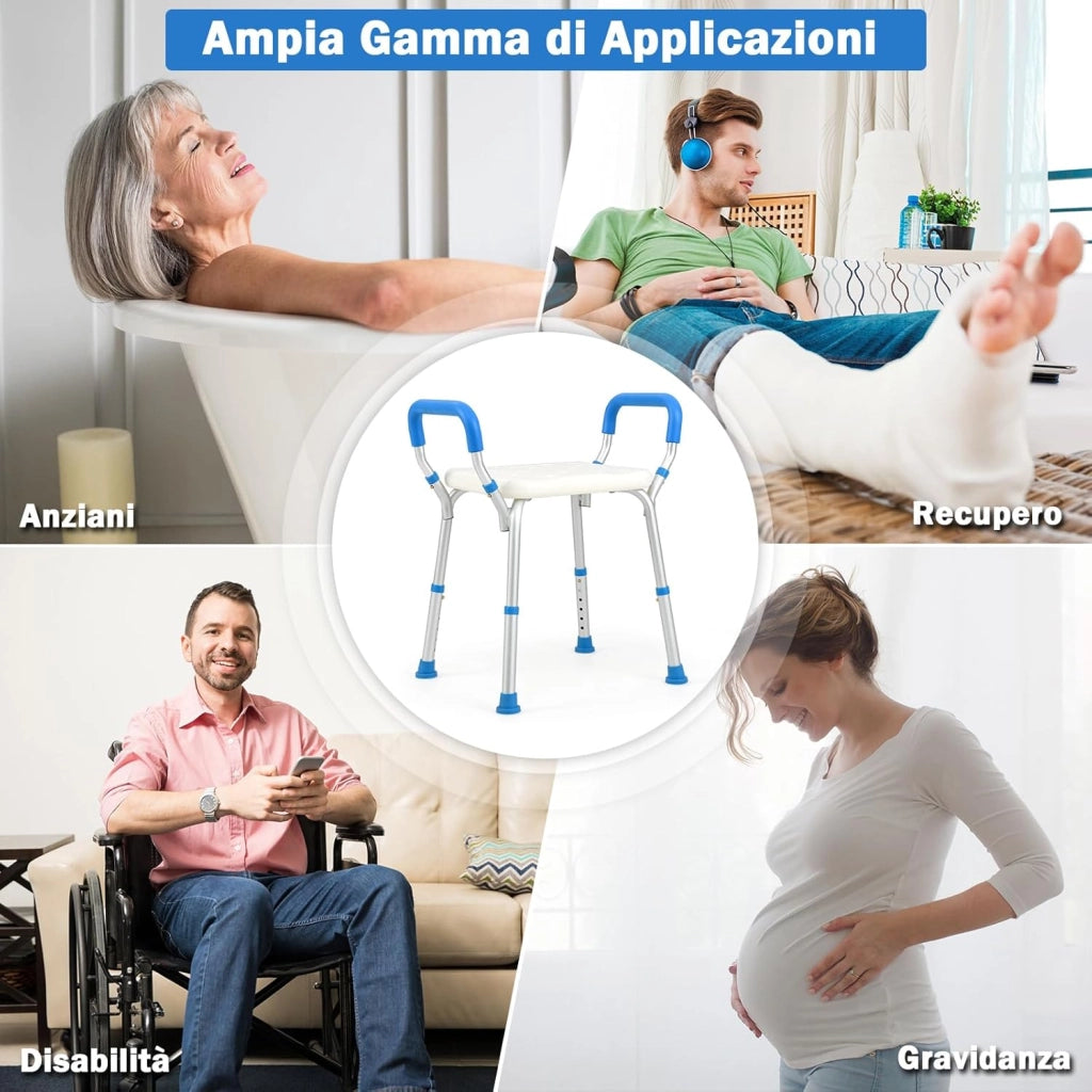Sgabello Doccia, Sedia per Doccia Regolabile in 6 Altezze con Braccioli Imbottiti Staccabili e Piedini in Gomma Antiscivola, Portata 100 kg, Seggiolino da Bagno per Anziani (Blu)