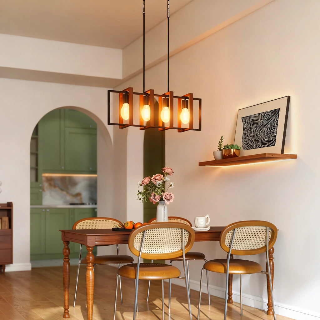 Lampadario a Sospensione Rustico con 4 Cornici Girevoli e Catena Regolabile, 80x21x90-130 cm, Nero e Marrone