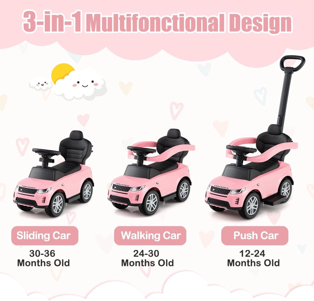 Macchina Cavalcabile per Bambini 1-3 Anni, Cavalcabile Bambino 3 in 1, Pignée Amovibile, Guida Realistica con Volante, Clacson, Musica, Carico 25 kg, Ruote Antiscivolo, Regali Bambini (Rosa)