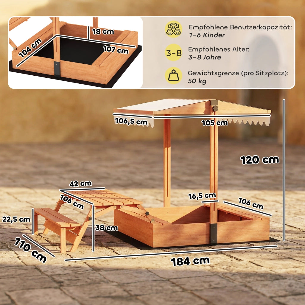 Sandbox con tetto e tavolo da picnic ¨C zephmum ¨C in legno 184x110x120 cm marrone