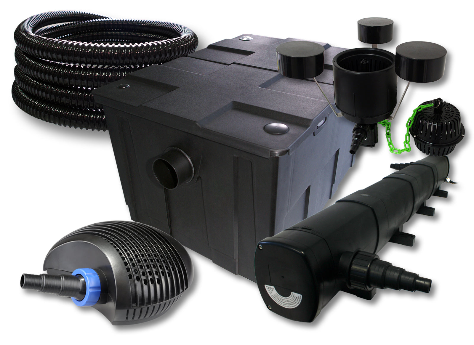 Set filtro per laghetto da 60.000l Chiarificatore 72W Pompa ECO 40W Tubo 25m Skimmer