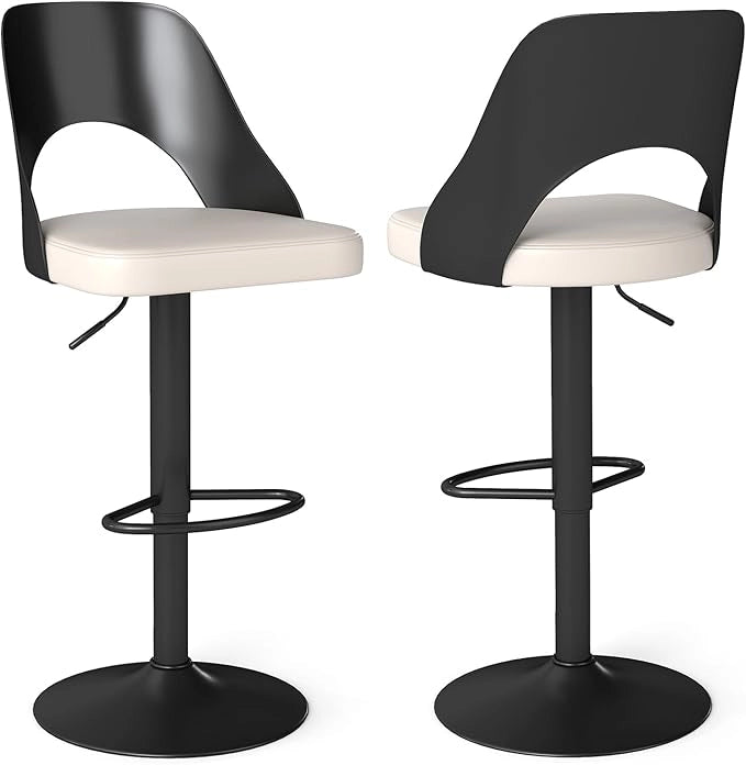 2 Sgabelli Girevoli da Bar Alta 91-111 cm, Set di Sgabelli con Seduta in Ecopelle, Poggiapiedi e Struttura in Metallo, Sedie per Cucina e Bistrò (Nero)