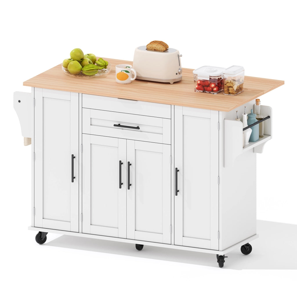 Carrello da Cucina con 4 Ante; 2 Cassetti; Ripiani Regolabili; Portasciugamani e Portaspezie; in MDF; Bianco e Naturale; 136 x 70 x 92 cm