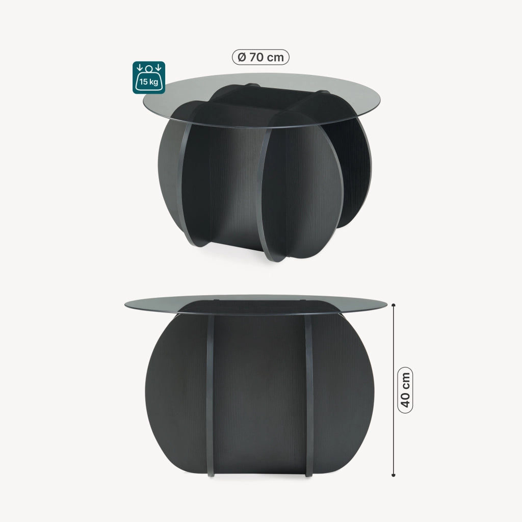 Tavolino da Caffè Karhuvandi con Piano Rotondo in Vetro Fumé Ø70 x 40 cm Grigio/Effetto Legno Nero [en.casa]