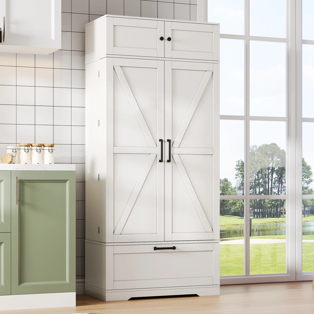 Credenza cucina freestanding 80x40x180 cm con cassetto, ripiani regolabili e portabottiglie, bianca