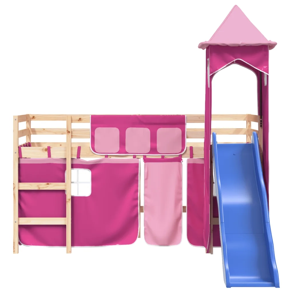 Letto a Soppalco con Torre Bambini Rosa 90x200cm Massello Pino 3207074