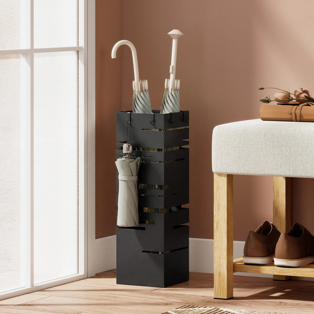 Portaombrelli da Parete con 4 Ganci e Bandeja di Raccolta ¨C Minimal ¨C 15,5x15,5x49 cm Nero