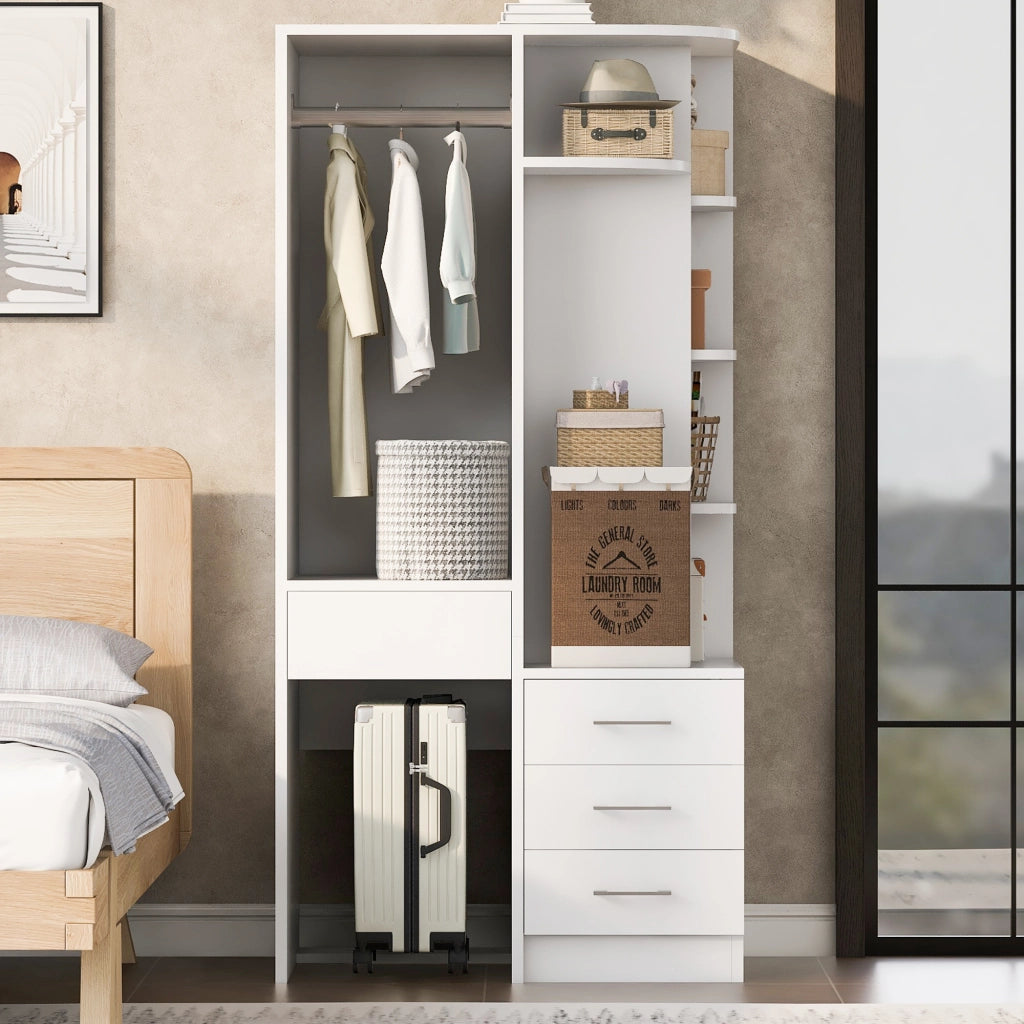 Scaffale autoportante con ripiani aperti, vani chiusi e barra appendiabiti per camera da letto in MDF bianco 70 × 55 × 175 cm