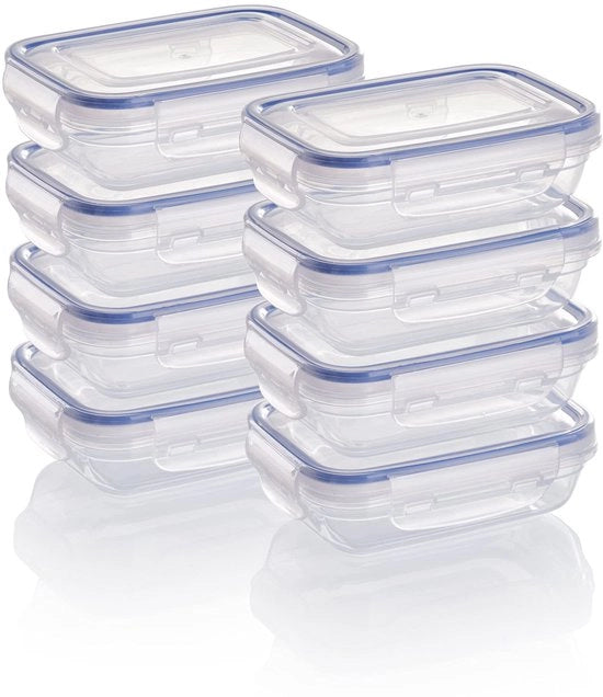 Set di contenitori per alimenti in plastica, 8 contenitori di conservazione con coperchio, piano, rettangolari, stivabili, resistenti a microonde e lavastoviglie