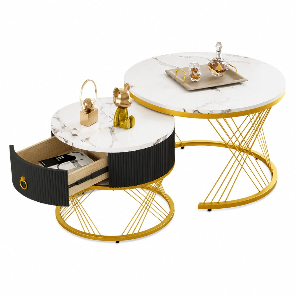 Tavolino da salotto 70x70x45+50x50x40 cm; set di 2 con cassetto; effetto marmo bianco e oro