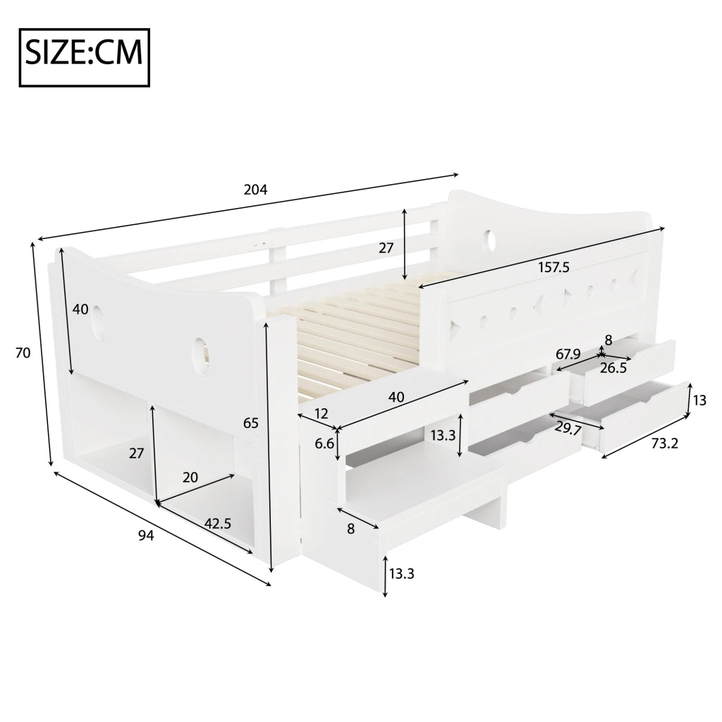 Letto singolo bambino 90×200 cm con 4 cassetti; ripiani; LED; USB e Type-C; senza materasso; legno; bianco