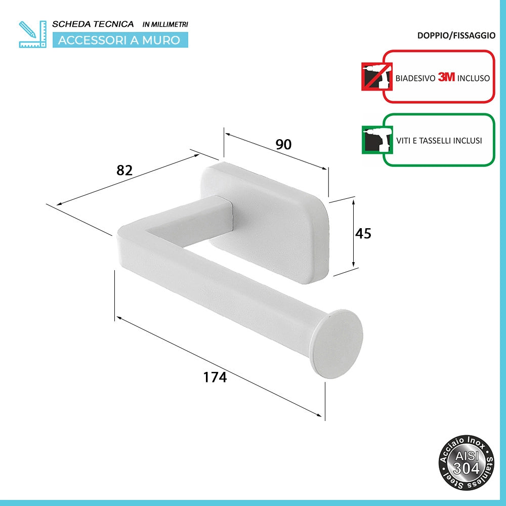 Set 3pz con appendino, porta rotolo e porta salviette a muro in acciaio bianco Cubik