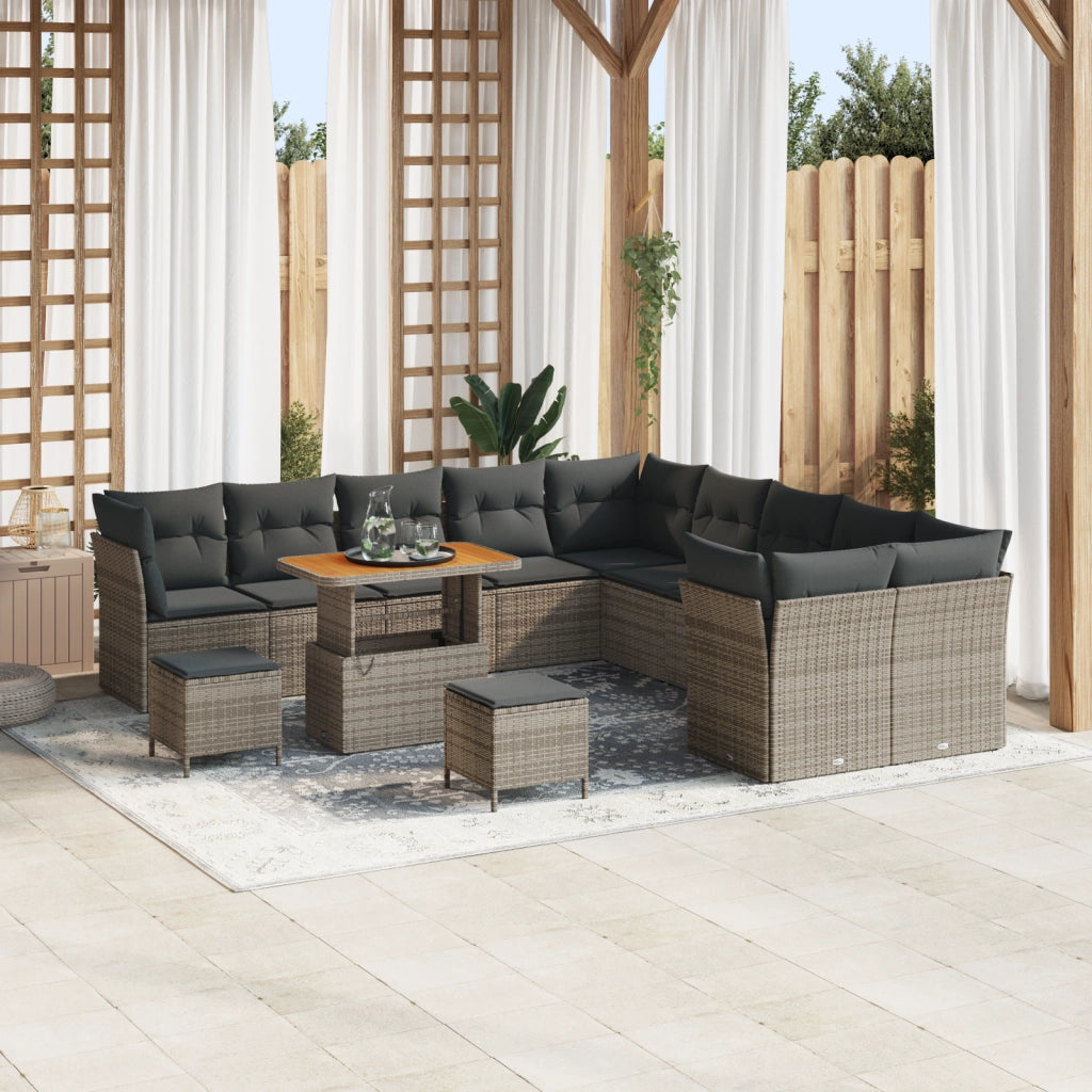 Set di Divani da Giardino 13 Pezzi con Cuscini Grigi Rattan Poliolefinico Acacia