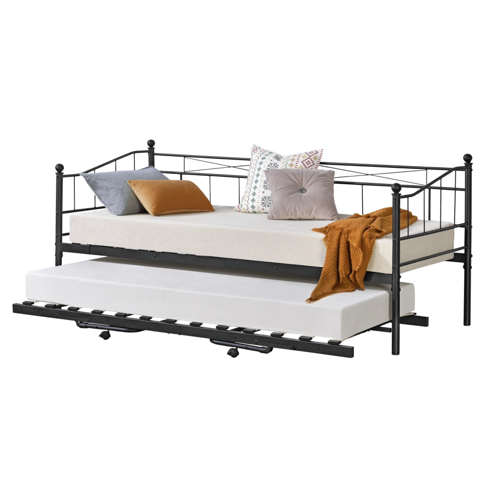 Divano in Metallo con Cornice Decorativa + Letto di Complemento con Gambe Pieghevoli e 4 Ruote, Sofa a 2-3 Posti di Seduta  e Secondo Letto Salvaspazio - Nero