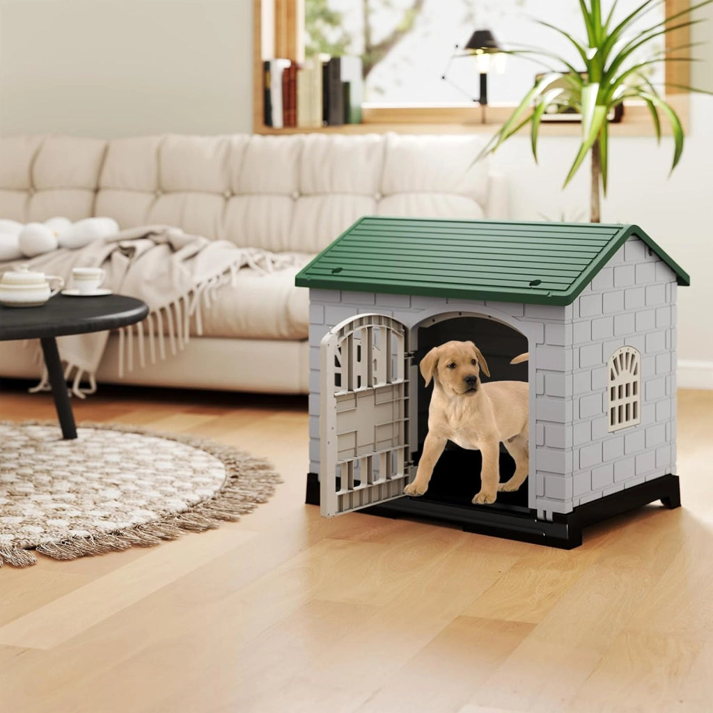 Cuccia per Cani da Esterno ed Interno, Casetta Impermeabile e Ventilata con Vassoio Toilette Rimovibile, Porta Bloccabile, 3 Finestre e Tetto a Pendenza, per Cani di Piccoli e Gatti (Verde)