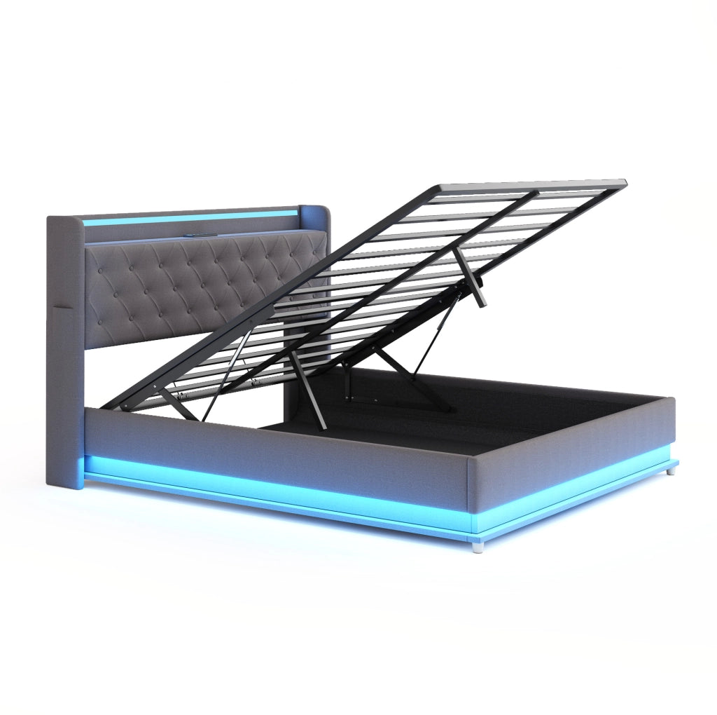 Letto imbottito con LED; USB e contenitore idraulico 140x200 cm in tessuto effetto lino grigio