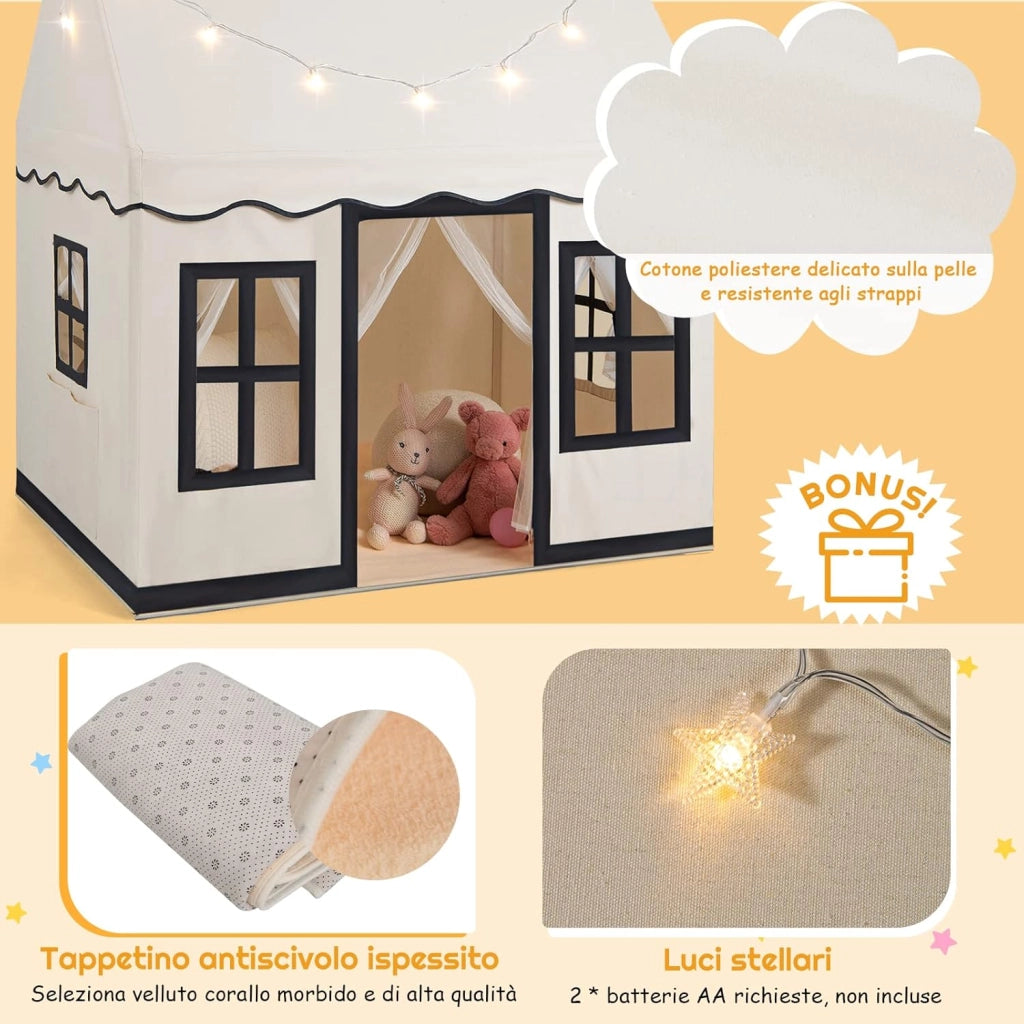 Tenda da Gioco per Bambini con Luci a Stella, Tappetino in Velluto Lavabile e Antiscivolo, Finestre e Tende a Rete, Ideale per Interni ed Esterni per Bambini 3 Anni + (Beige)