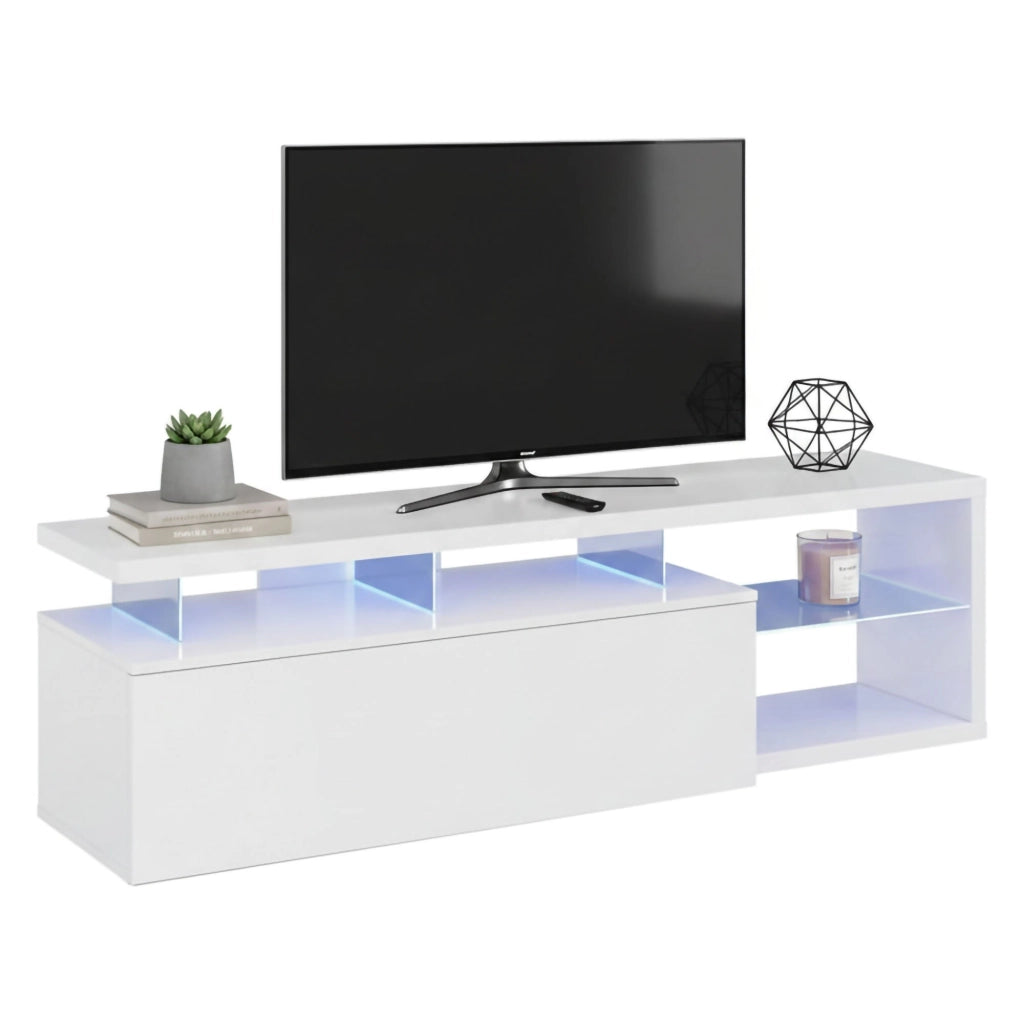Mobile porta TV Amiuty, Credenza per televisione da soggiorno con 1 anta, Supporto TV con luce led, Buffet da salotto, cm 150x41h50, Bianco lucido