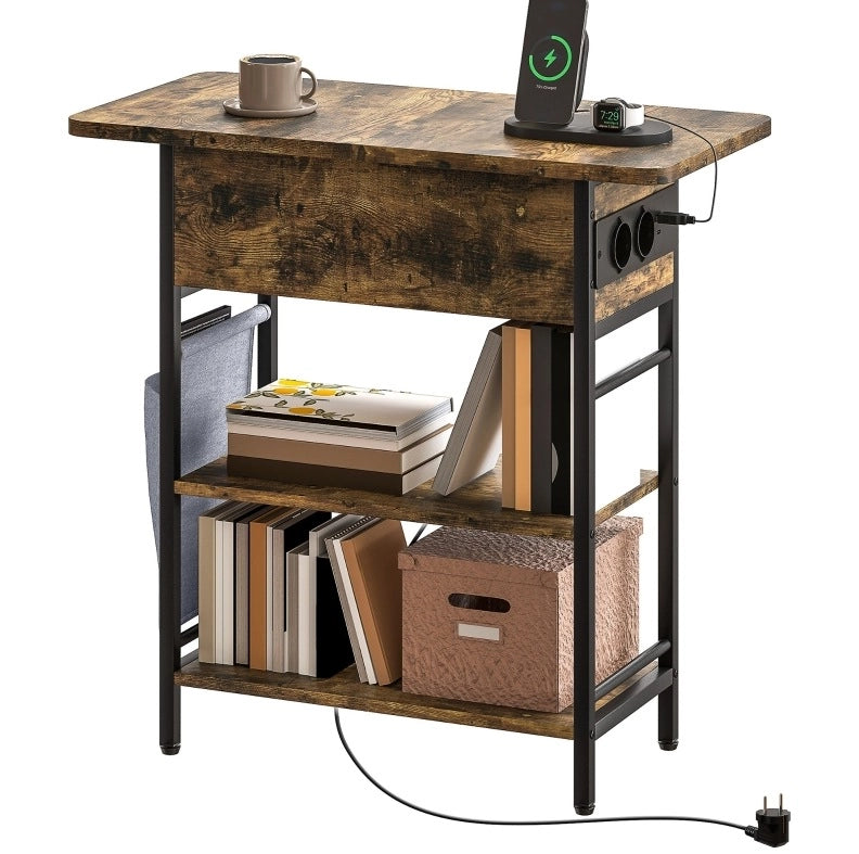 Tavolino laterale ULEVR 60x29,8x58,5 cm con prese, USB e USB-C, 2 ripiani e vano con coperchio, marrone rustico