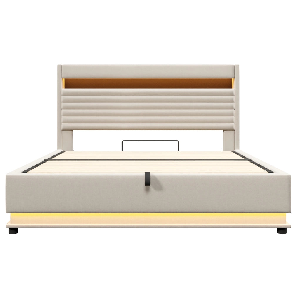Letti contenitori 180x200 cm; contenitore idraulico con LED e USB; lino beige (Senza materasso)