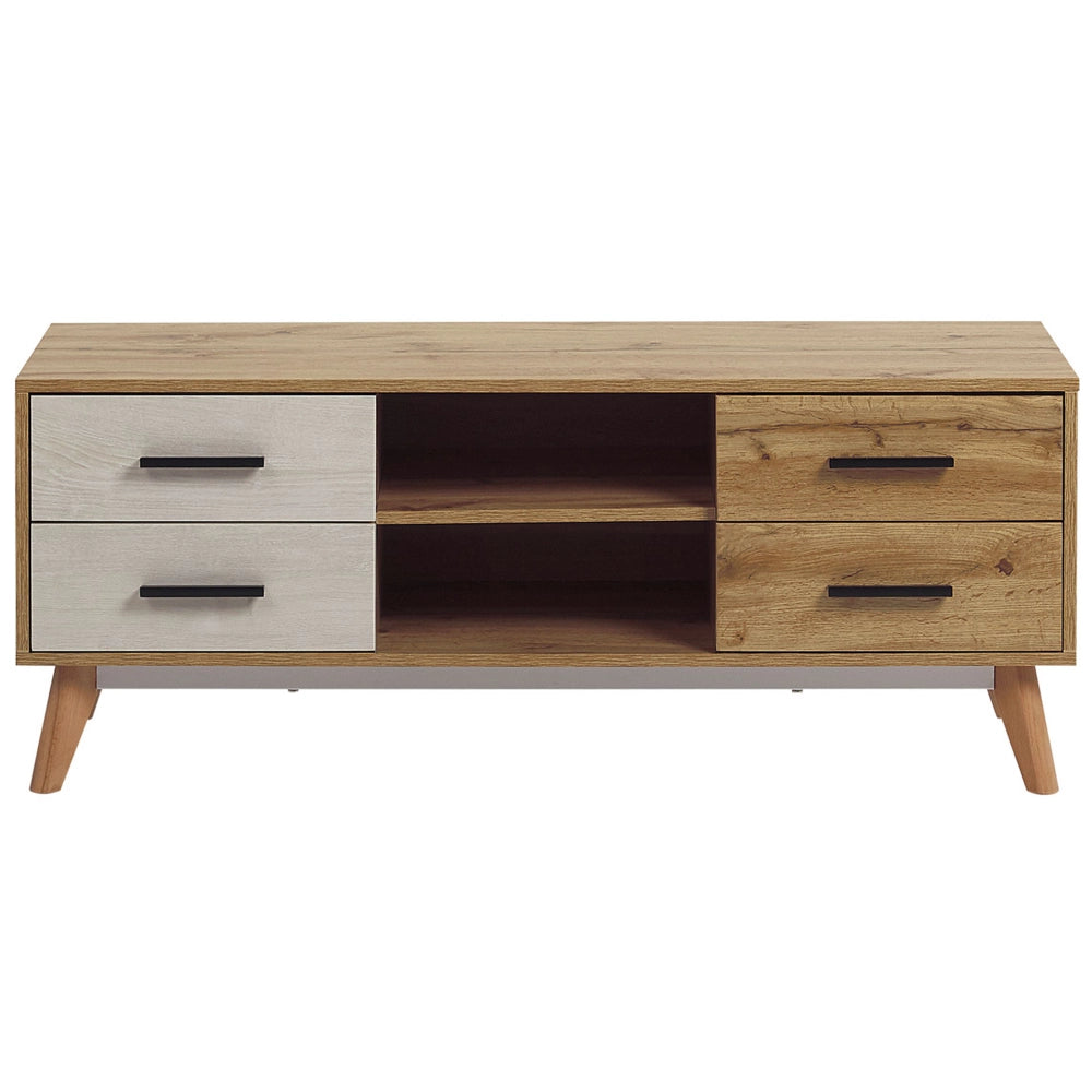 Mobile TV in legno chiaro con bianco per TV fino a 55ʺ con 4 cassetti e 2 ripiani rustico