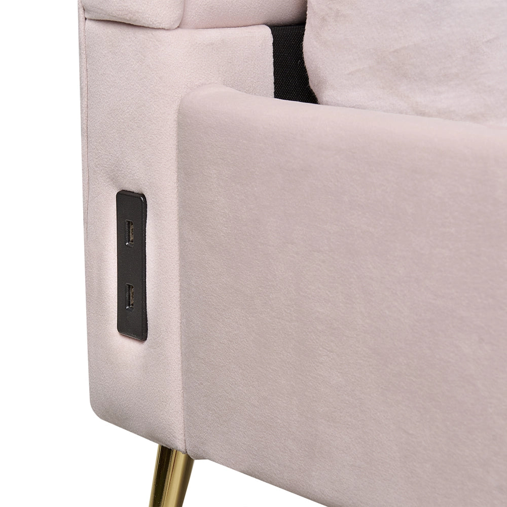 Letto in velluto rosa chiaro rivestito con gambe in metallo dorato UE Dimensioni doppie 180 x 200 cm con testata con porta USB Camera da letto moderna e glam.