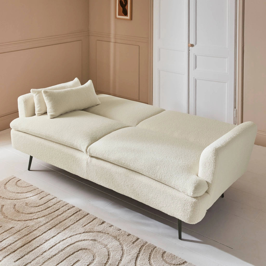 Divano letto in bouclé, 2–3 posti, crema