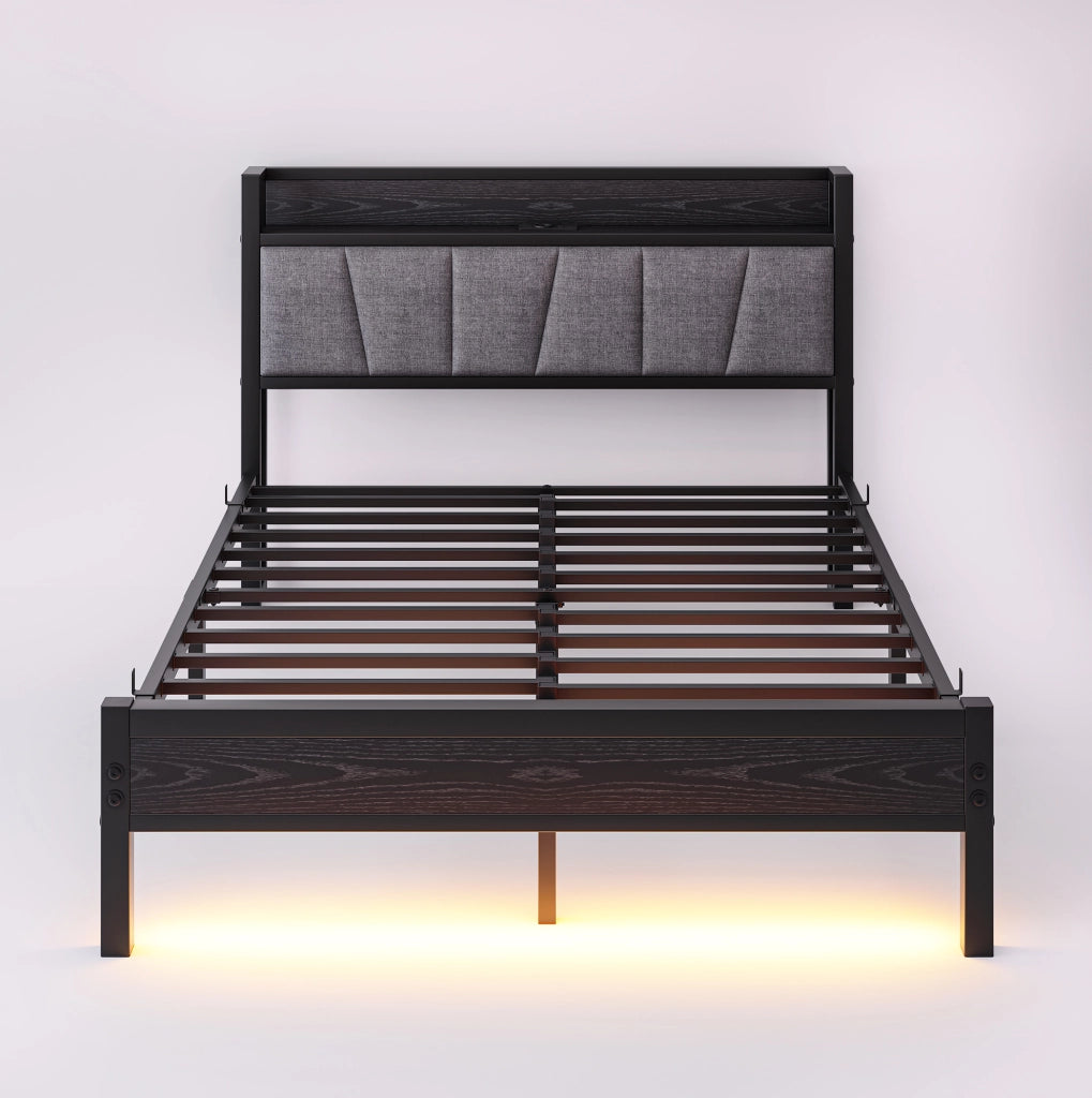 Letto matrimoniale 140x190 cm con LED; testiera contenitore e ricarica USB; nero