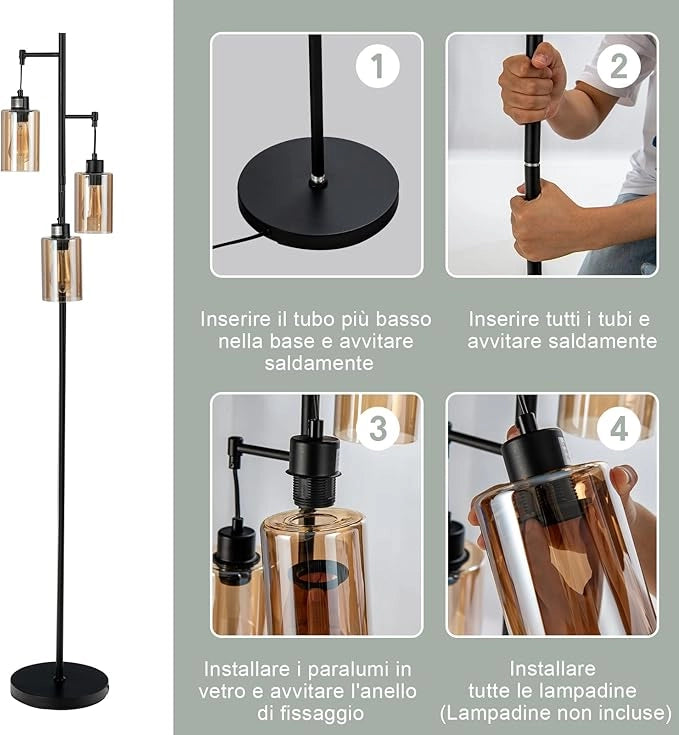 Lampada da Terra, Lampada a Stelo Retrò con Paralume in Vetro Ambrato a 3 Teste Sospese, Interruttore a Pedale, Base in Metallo, Ideale per Soggiorno, Camera da Letto, Corridoio e Studio