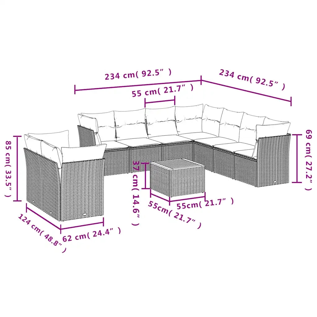 Set Divani da Giardino 11 pz con Cuscini in Polyrattan Nero 3256043