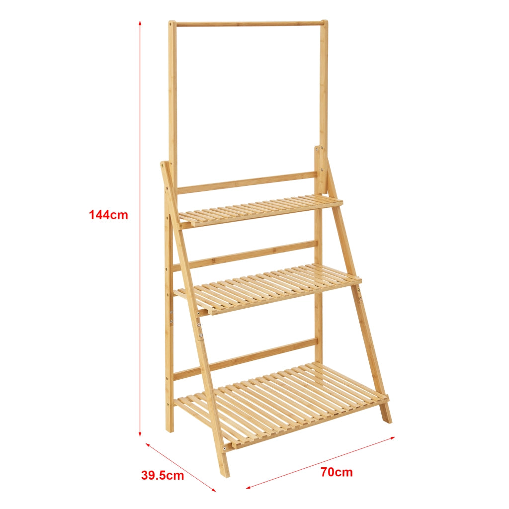 Scaffale Portapiante 'Brändö' in bambù a Forma di Scala a 3 Ripiani e Barra per Vasi Sospesi [en.casa]