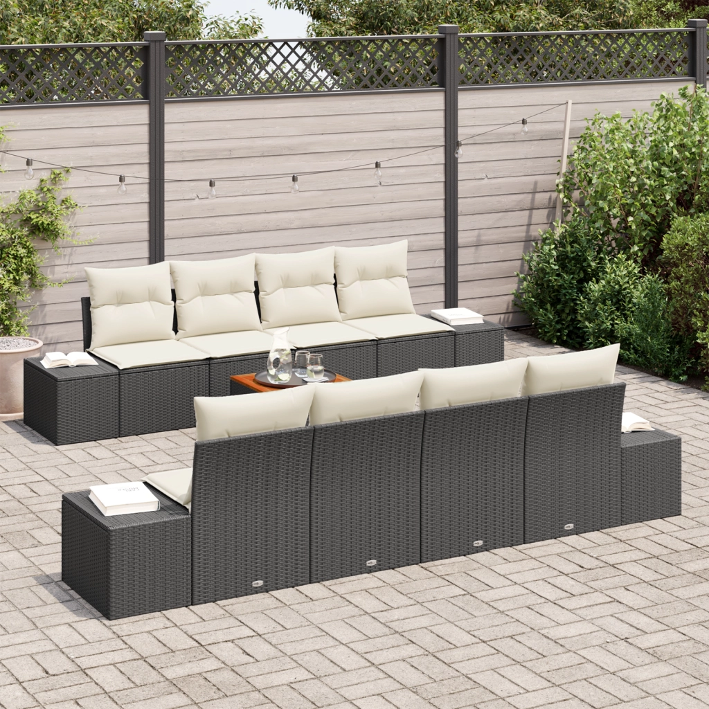 Set Divano da Giardino 9 Pezzi con Cuscini Nero Polyrattan Acacia