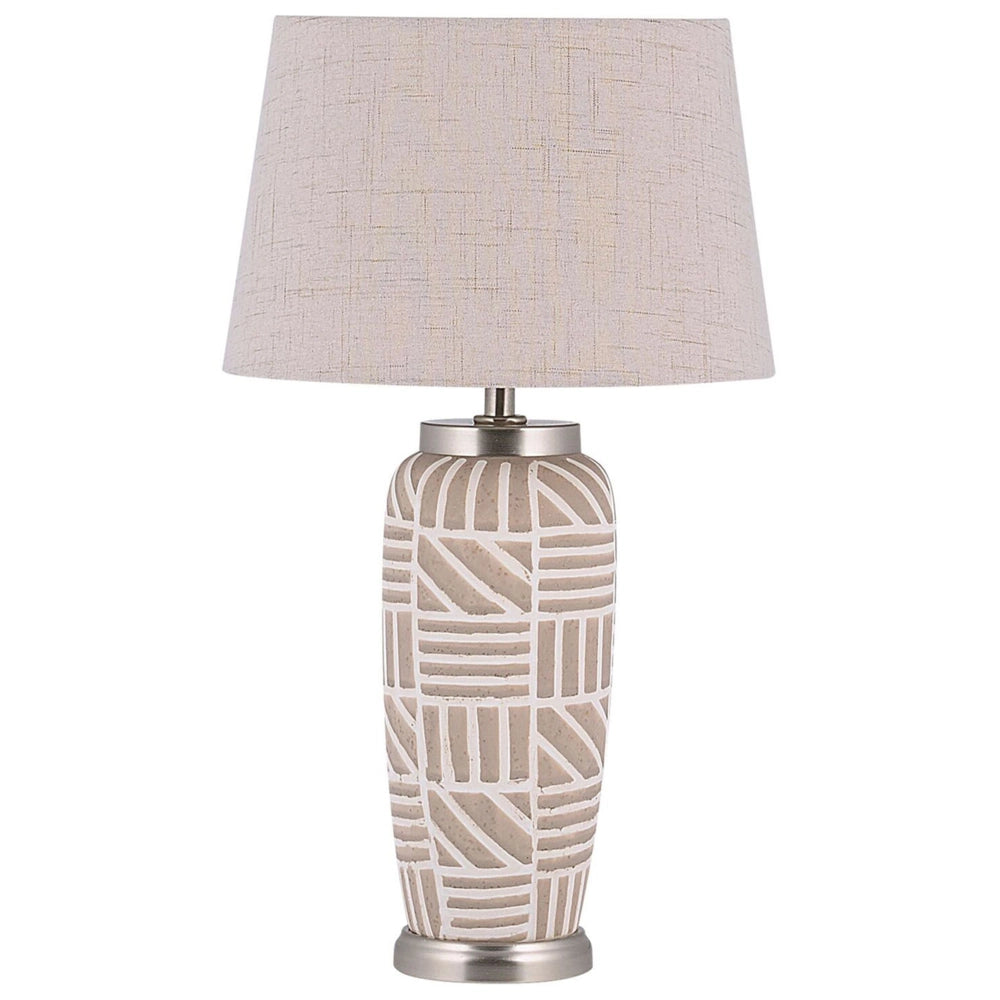 Lampada da comodino in ceramica beige e bianca 48 cm motivo a righe con paralume a tamburo tradizionale